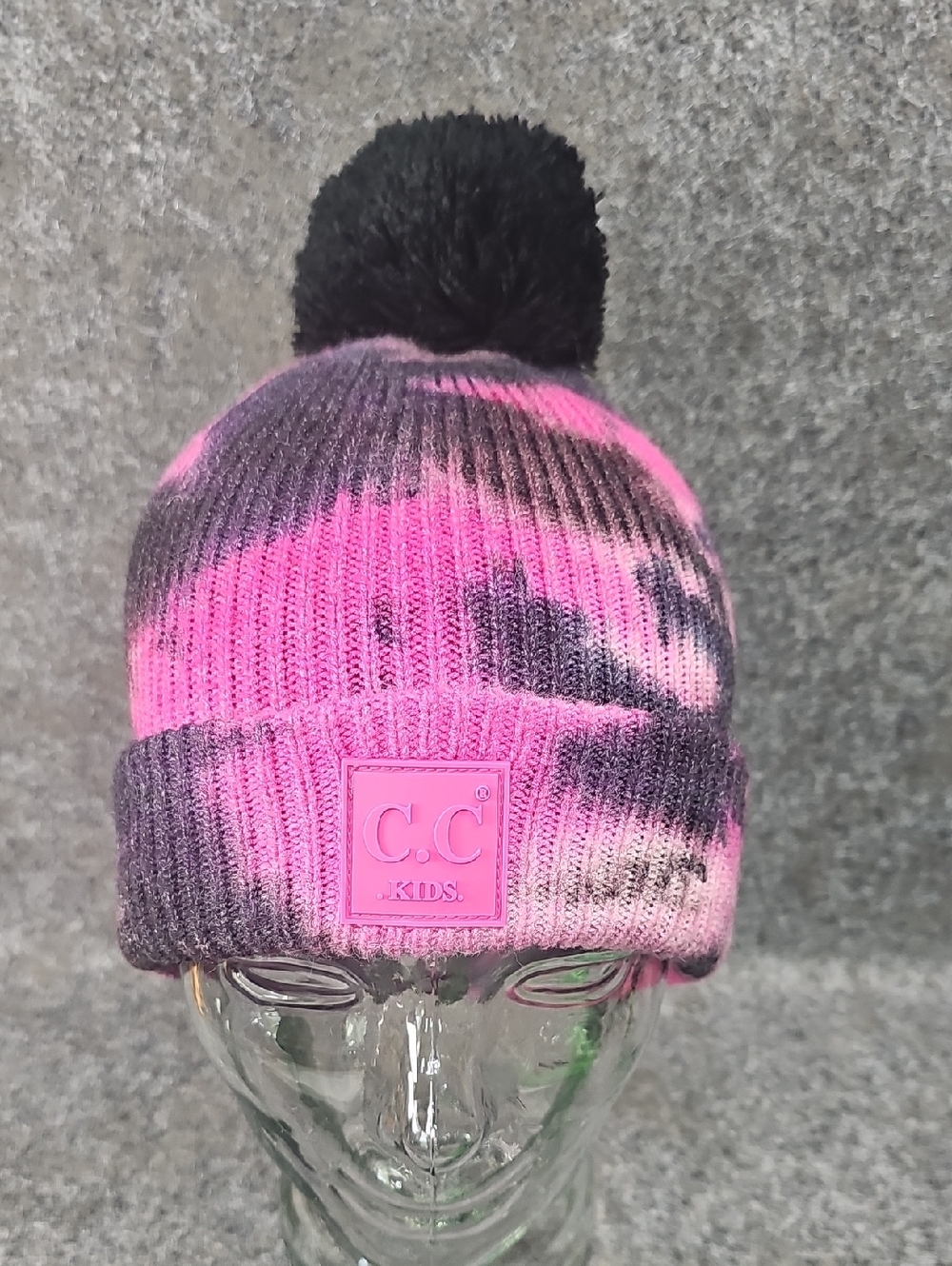 C. C Kids Tie Dye Knit Pompom Beanie, Pink Black, One Size